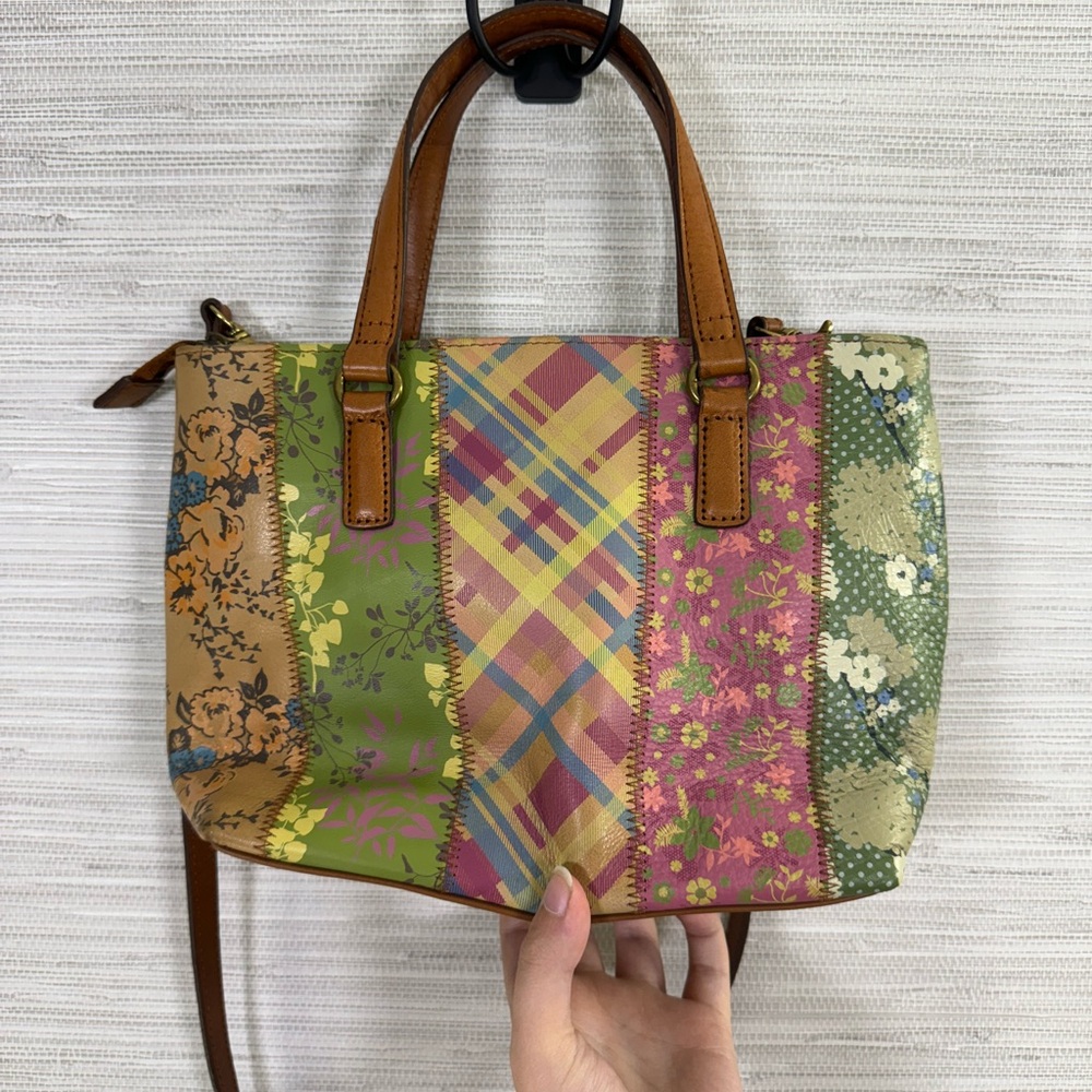 Fossil Leather Multicolor Patterned Patchwork Han… - image 3